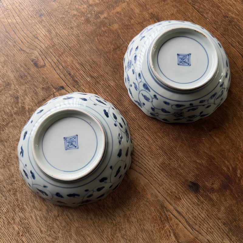 古伊万里 染付松竹梅文 輪花膾皿 渦福銘 2客セット | Kaikaroman