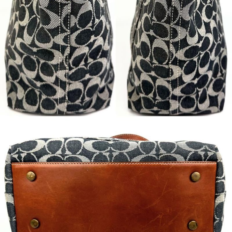 コーチ デニム ハンドバッグ ターンロック シグネチャー ネイビー 茶