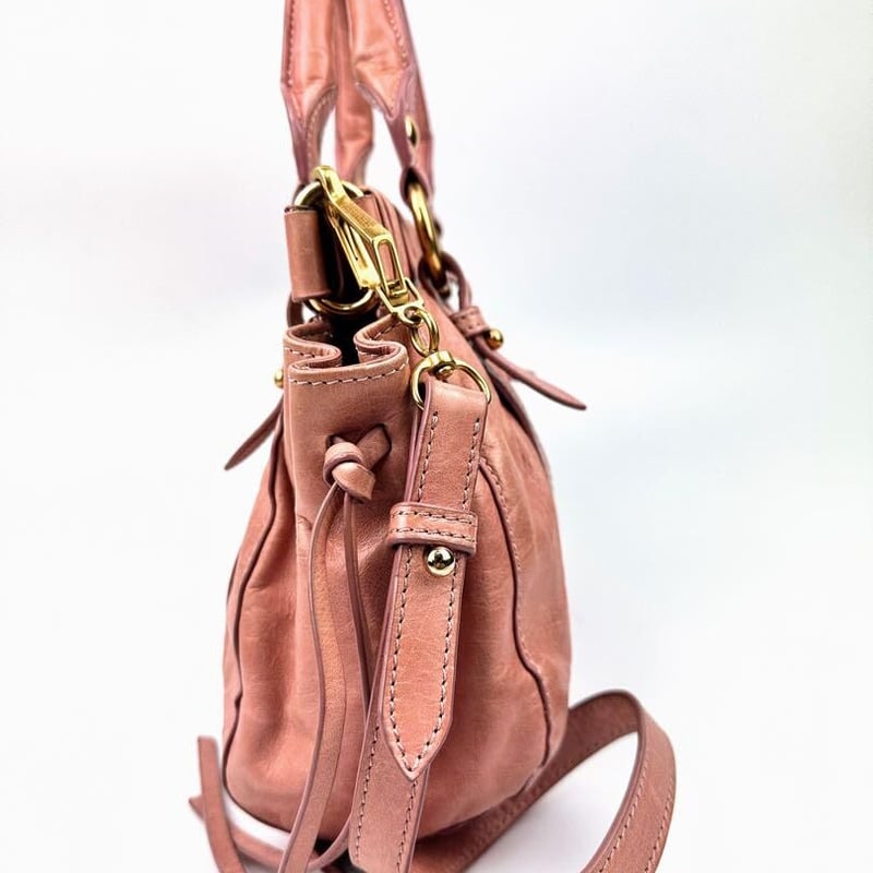 ミュウミュウ 2wayショルダー ギャザー ピンクレザー ハンドバッグ