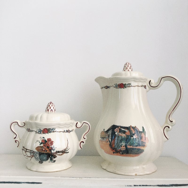 フランス サルグミンヌ オベルネ 花リムコーヒーポットアンドシュガー