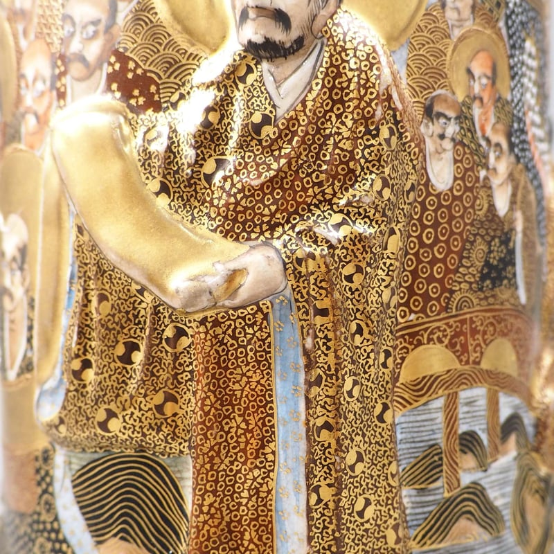 薩摩焼 神戸 大日本 長州山 高浮彫 羅漢 龍女 底部に在銘