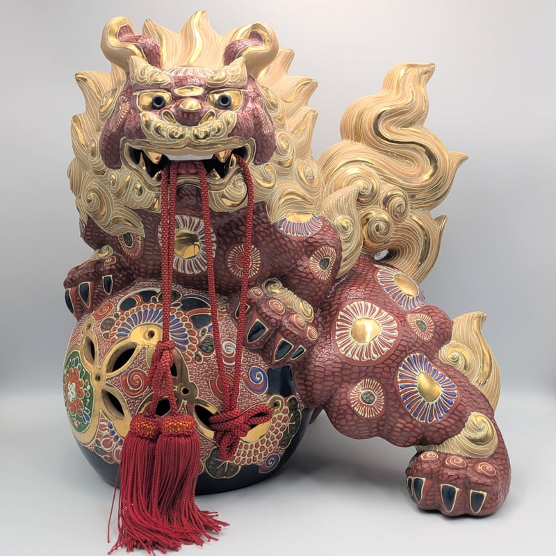 九谷焼 骨董 民芸品 宝獅子 魔除け獅子 縁起物 獅子 狛犬 置物 玉乗り