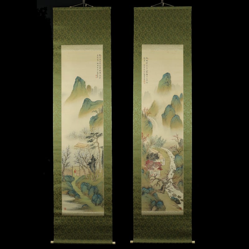 真作/水田竹圃/不老長春図/老松図/バラ図/花図/掛軸/名家伝来/AE-21