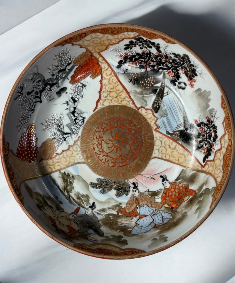 希少!!】九谷造 色絵 金彩 [松竹梅鳥文風景窓絵 粉彩人物絵] 大皿 平皿