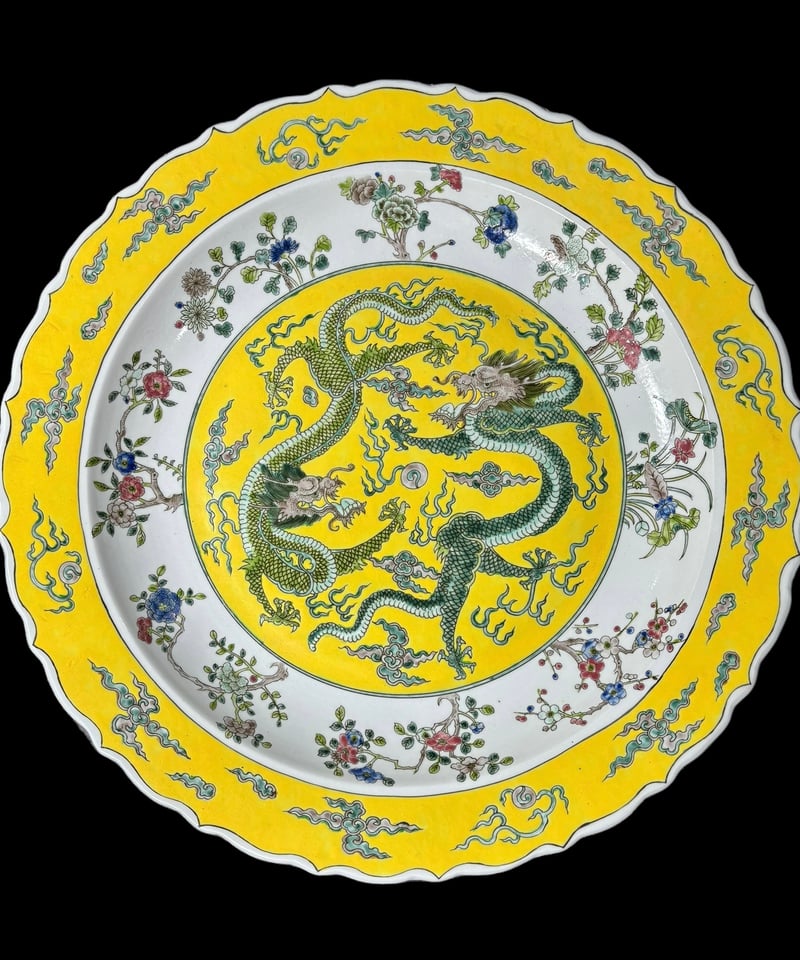 大清康熙年製 色絵【龍 雲 花 草】大皿 丸皿 中国美術 盛り皿 飾り皿