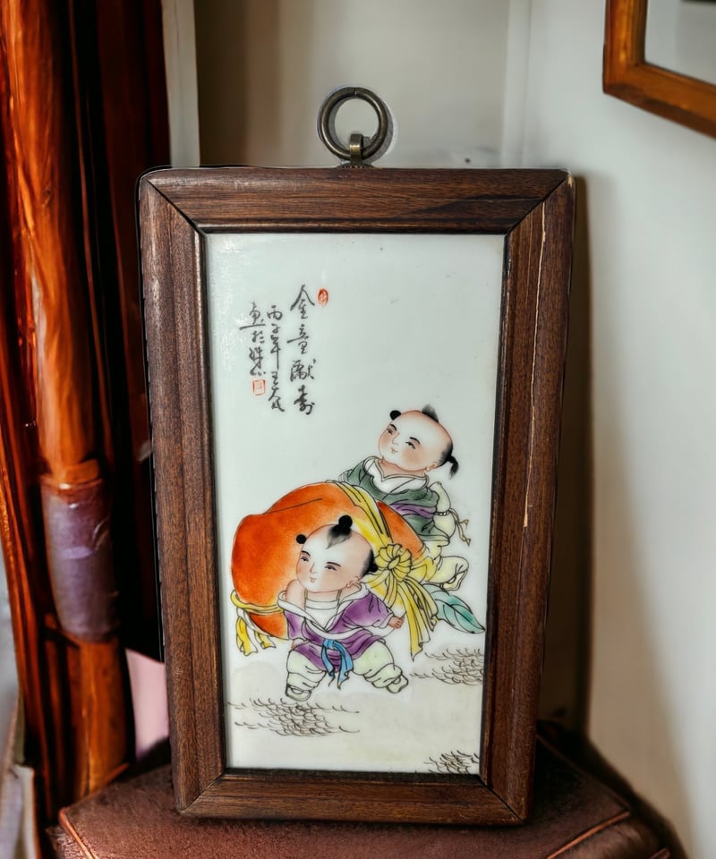 中国美術 陶板画 陶板額【粉彩人物絵】額装 壁掛 扁額 五彩 色絵 民国