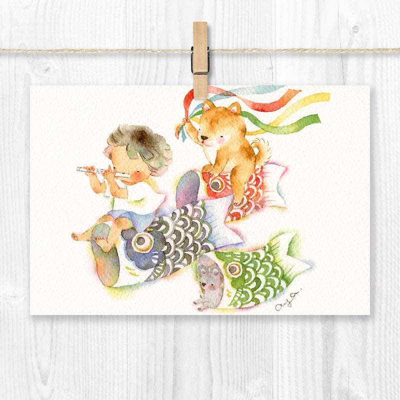 水彩紙のポストカード フルート／こいのぼり P-0421 | こばやしあや