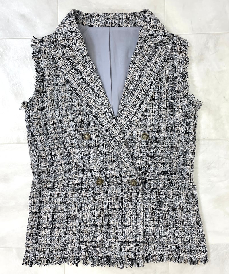 ミックス ツイード フリンジヘム ダブルブレスト ジレ CH_hdmn | CH_hdmn