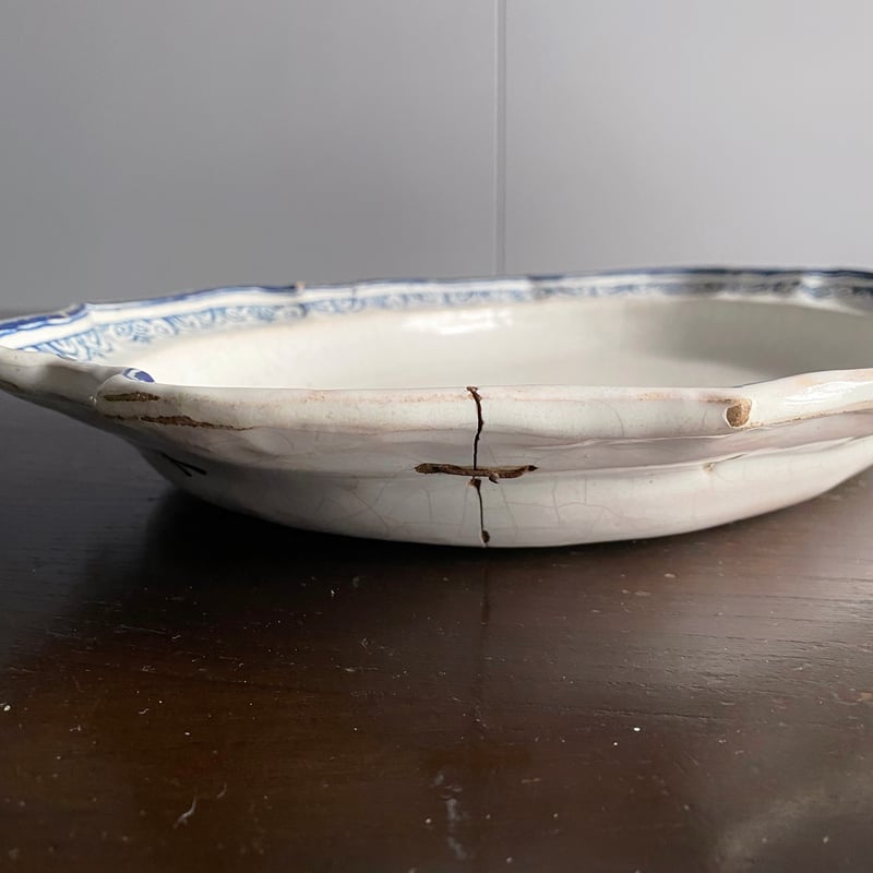 Moustiers ムスティエ 鎹 修繕 花リム オーバル皿 楕円皿 フランス