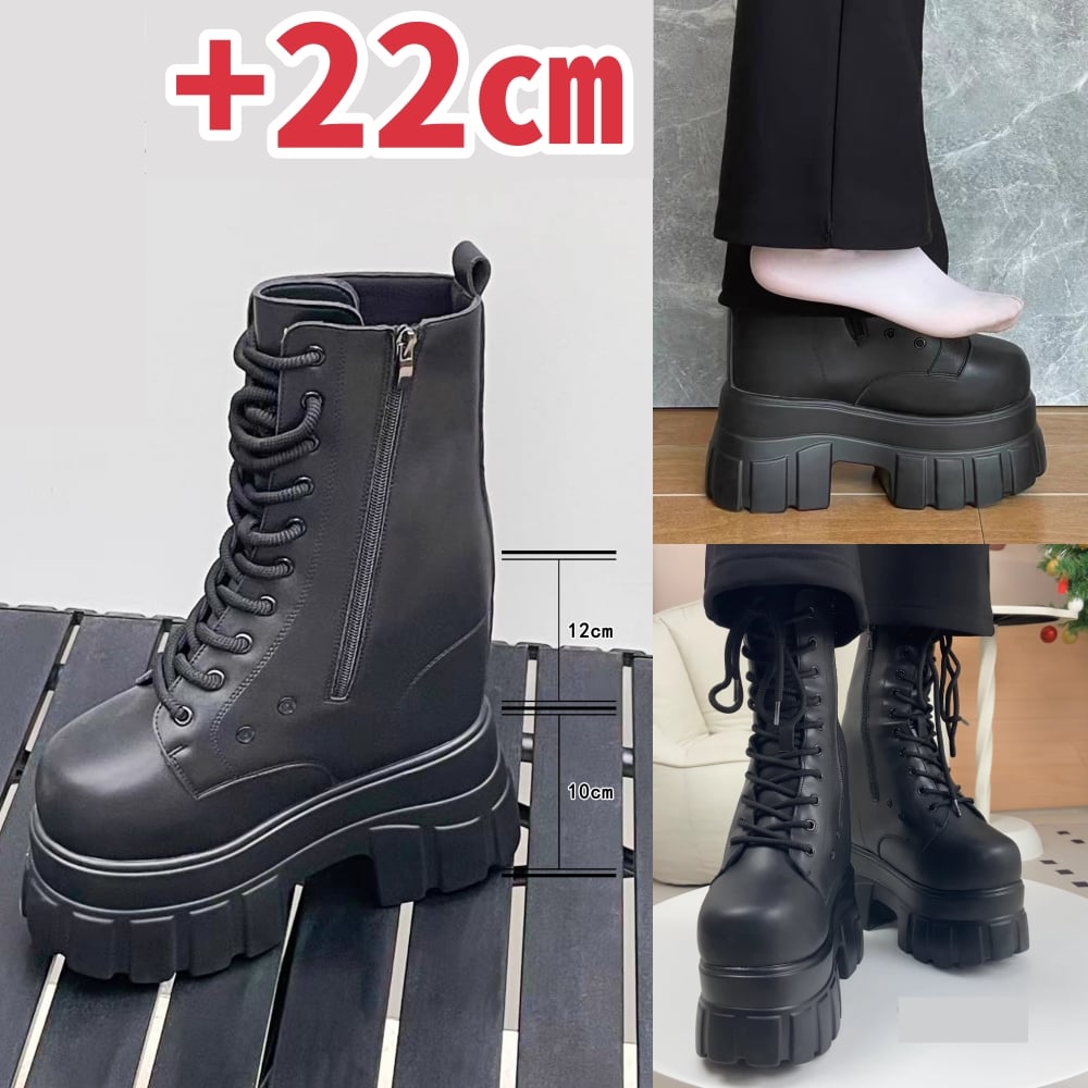 22㎝】シークレットブーツ レースアップ ショートブーツ ブラック 10