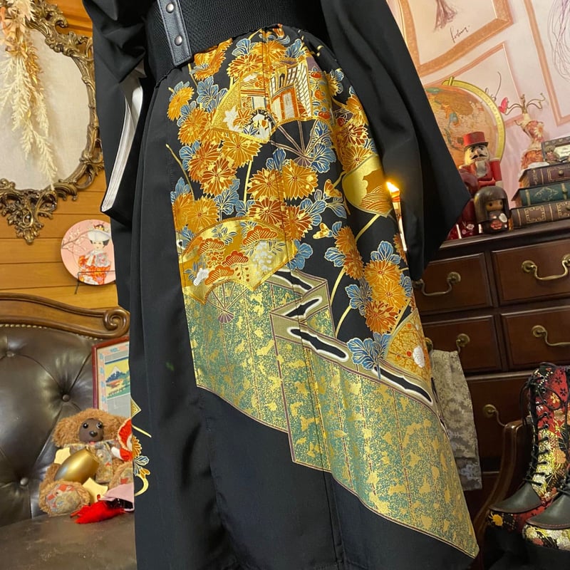 和洋折衷 黒留袖 着物 リメイク ワンピース ドレス 洗える 化繊