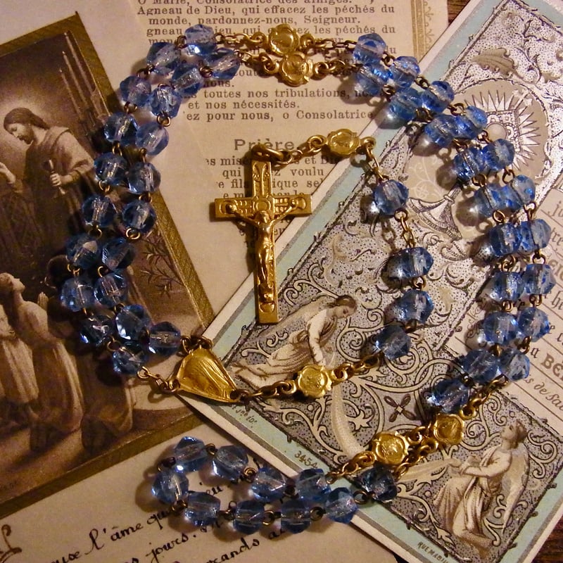 フランス アンティーク ゼニスブルー ガラス ロザリオ 聖母マリア