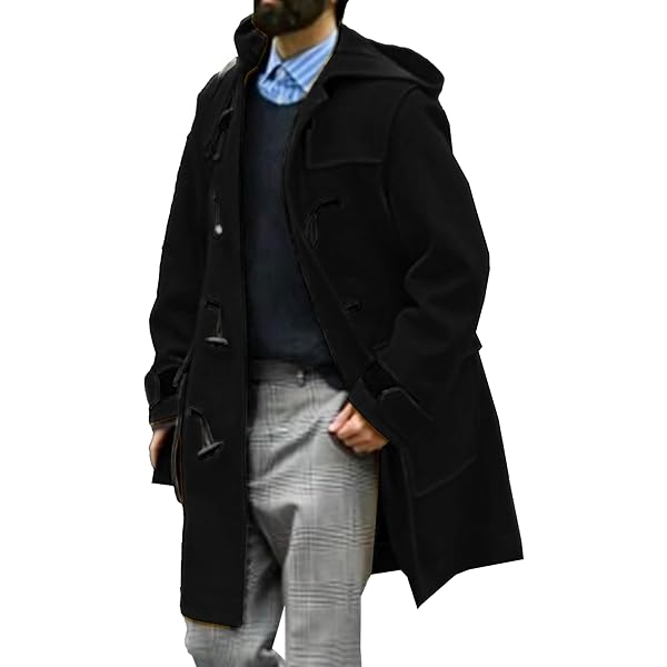 Mens Duffle Coat Wool Blend Single Breasted Walking Toggle Coats