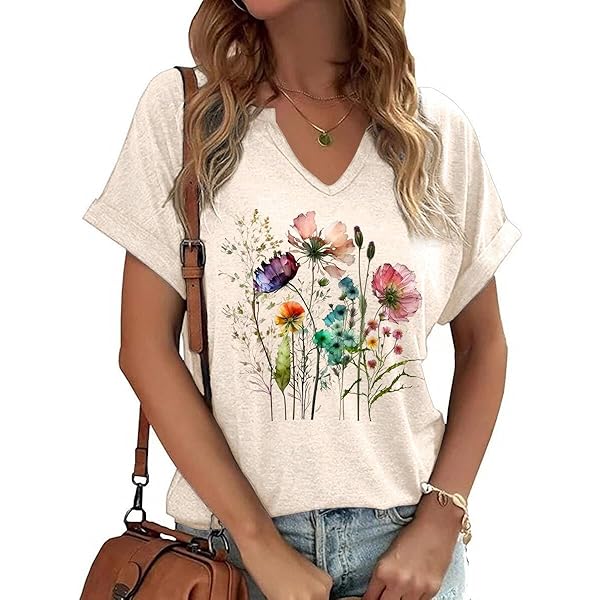 V Neck Shirt for Women Floral Flowers Vintage Boho Wildflowers