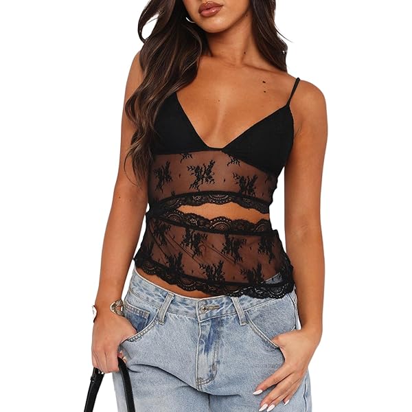 NUFIWI Women Y2k Lace Cami Tank Top Floral Mesh Spaghetti Strap