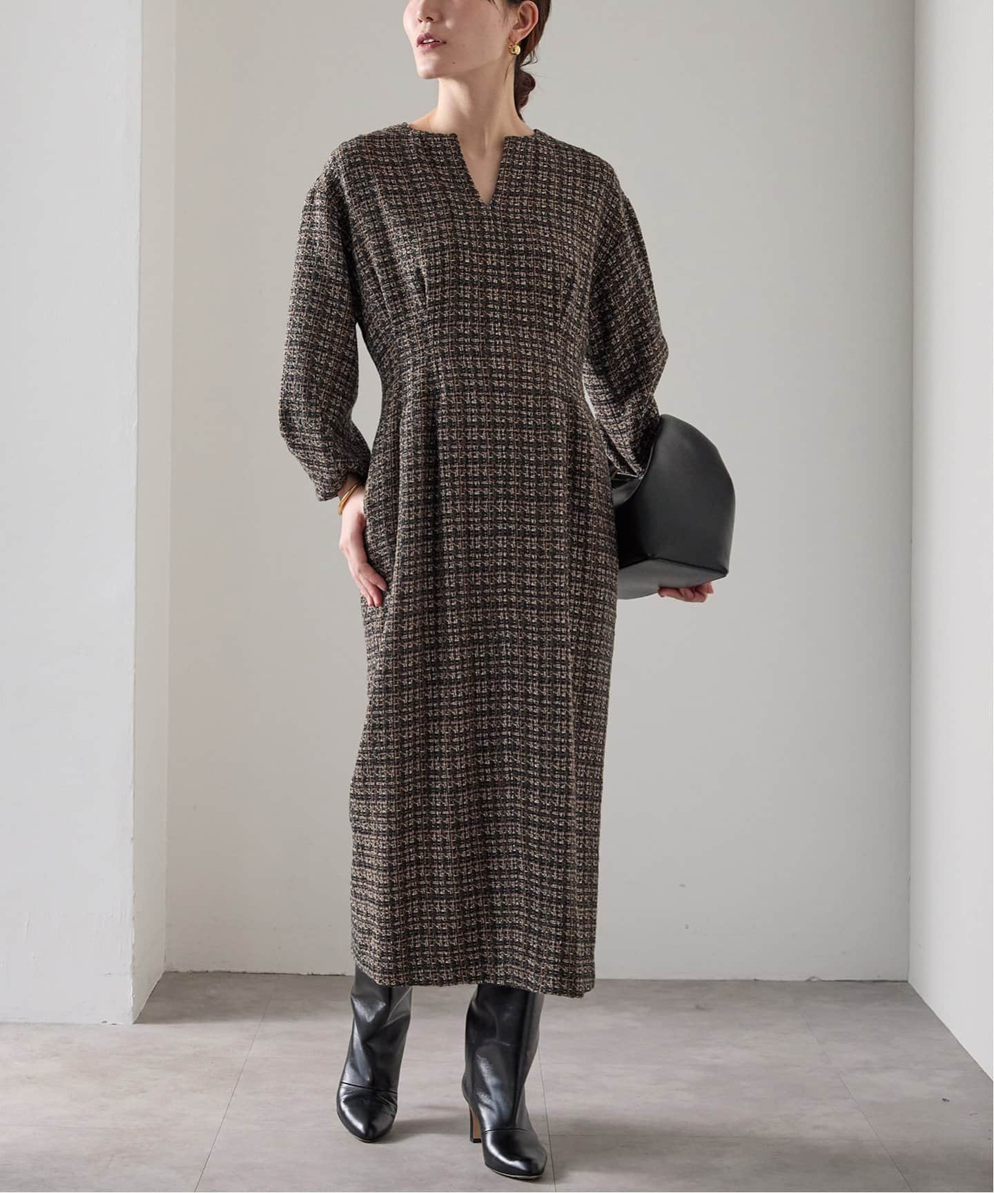 ミックスツイードウエストシェイプワンピース（ワンピース）｜VERMEIL