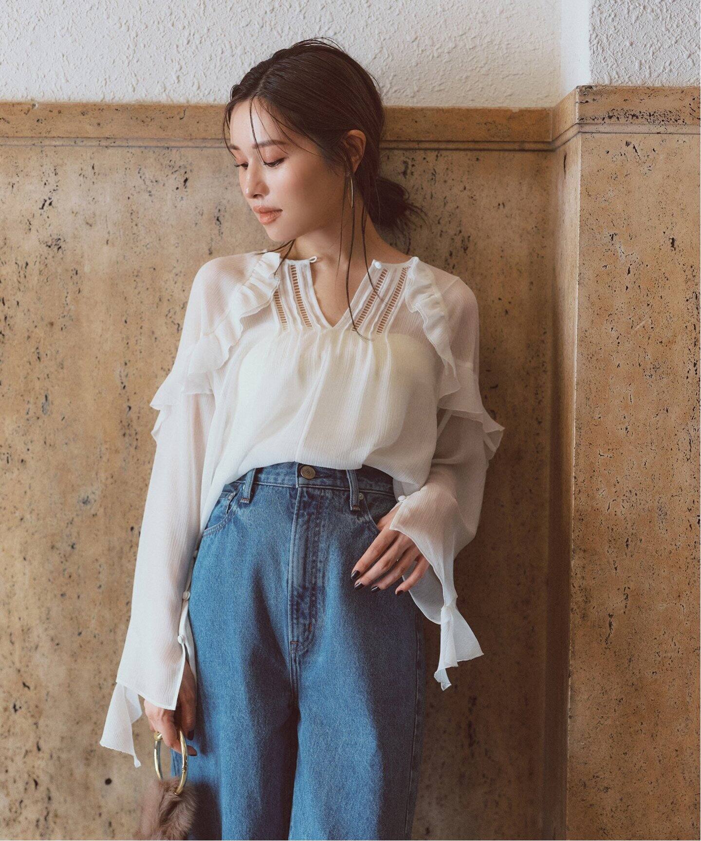 追加》【NOBLE×L'AUBE BLANC】楊柳フリル梯子刺繍ブラウス（シャツ