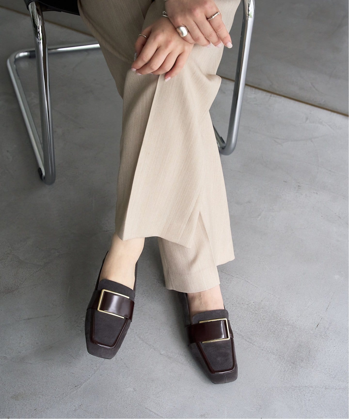 追加》レザースクエアメタルバックルローファー（ローファー）｜LE