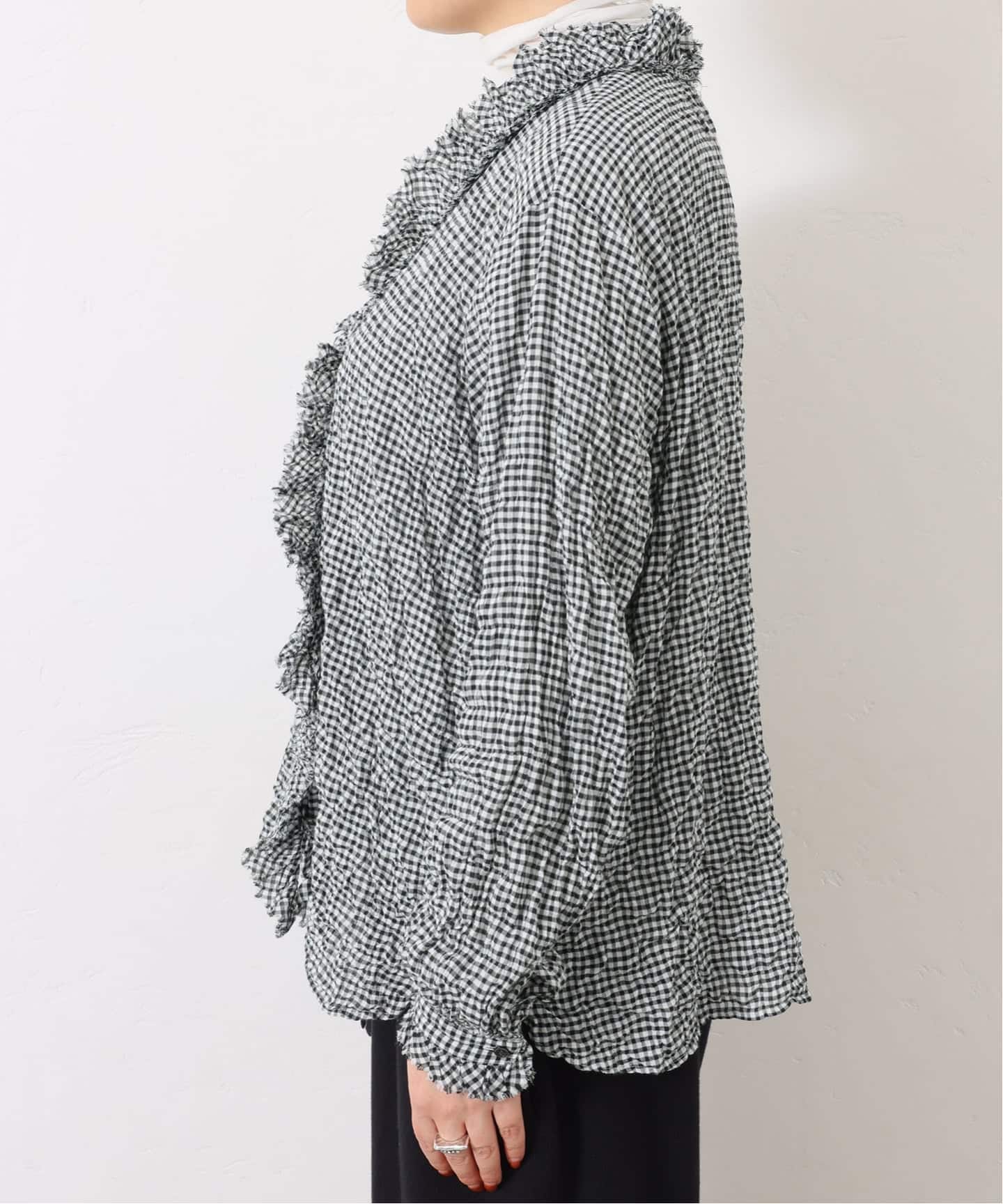 シャーリングチェック フリルブラウス（シャツ／ブラウス）｜journal
