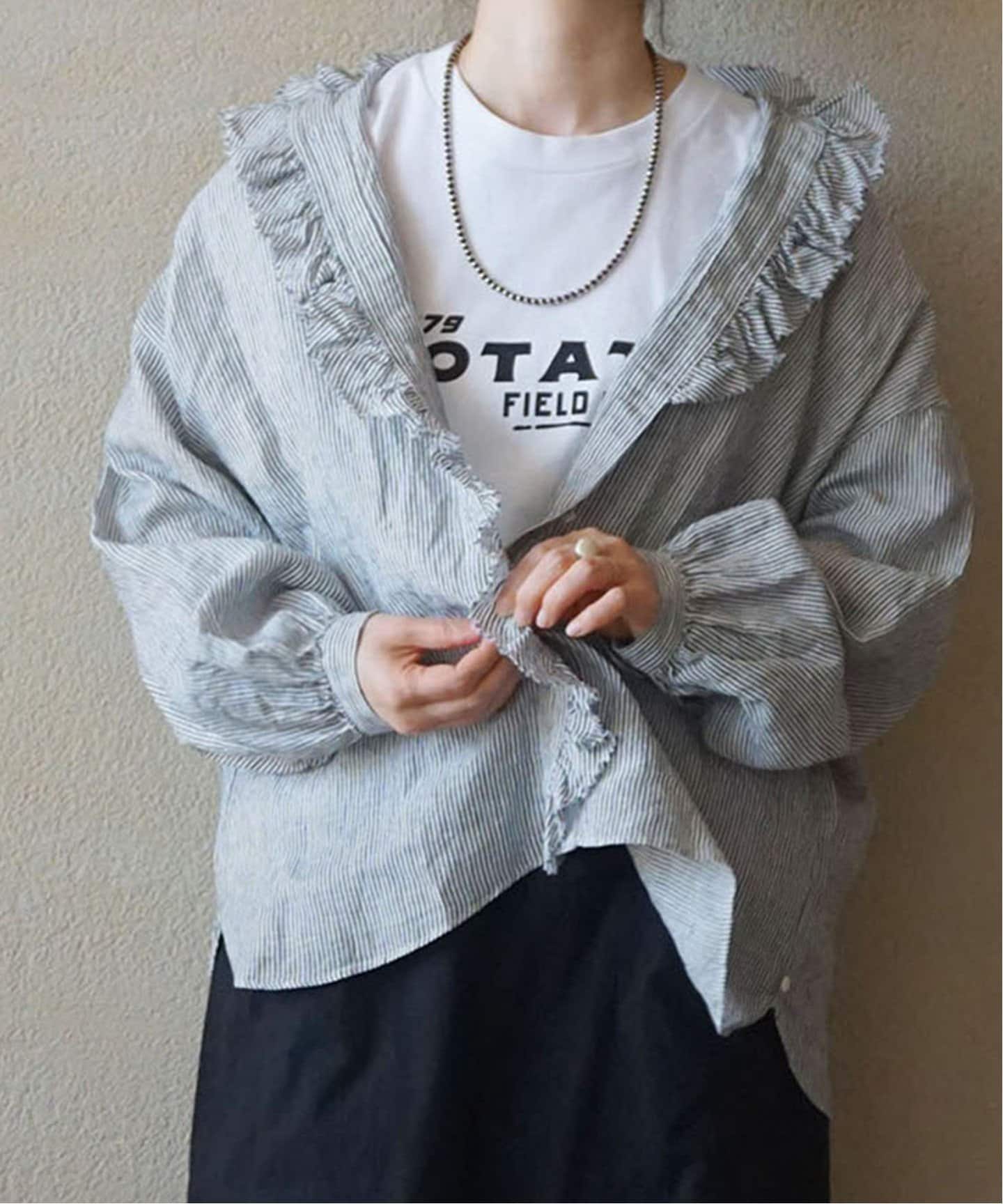 リネンストライプ フリルブラウス（シャツ／ブラウス）｜journal