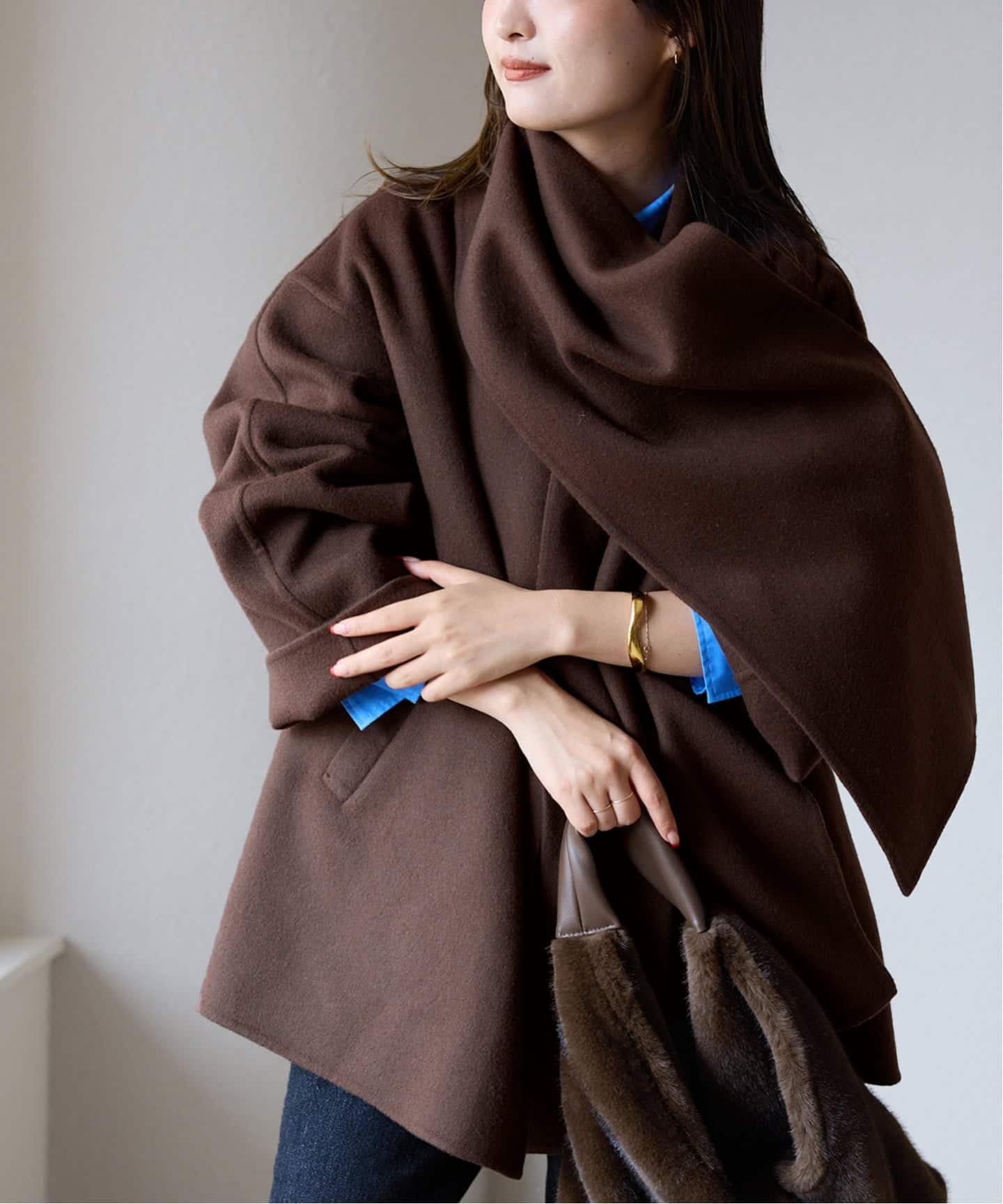 ストール付き》SUPER140 ダブルフェイスノーカラーコート・ストール