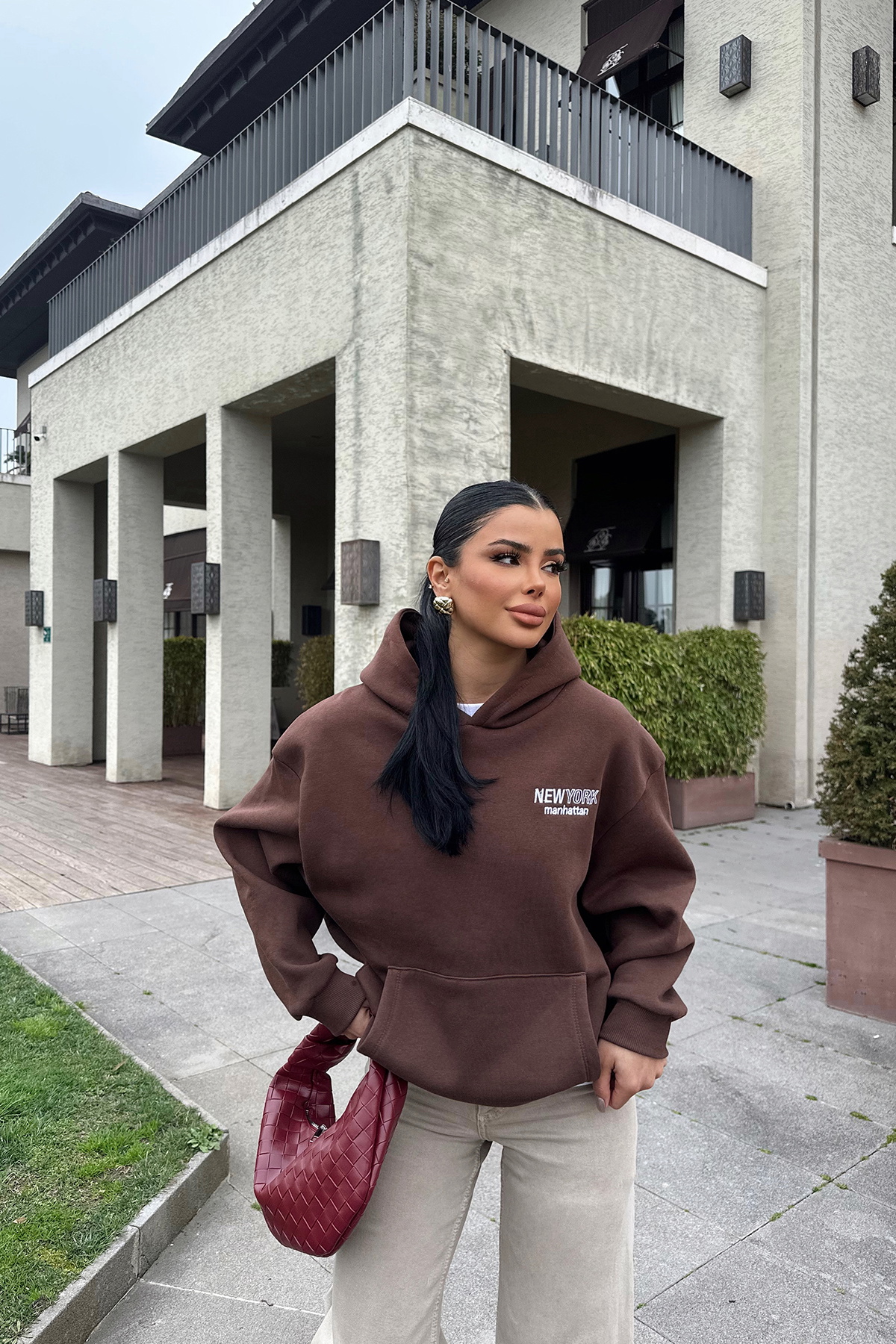 Kahverengi New York Yazılı Kapşonlu Sweat ATE-0445 - Eyyo