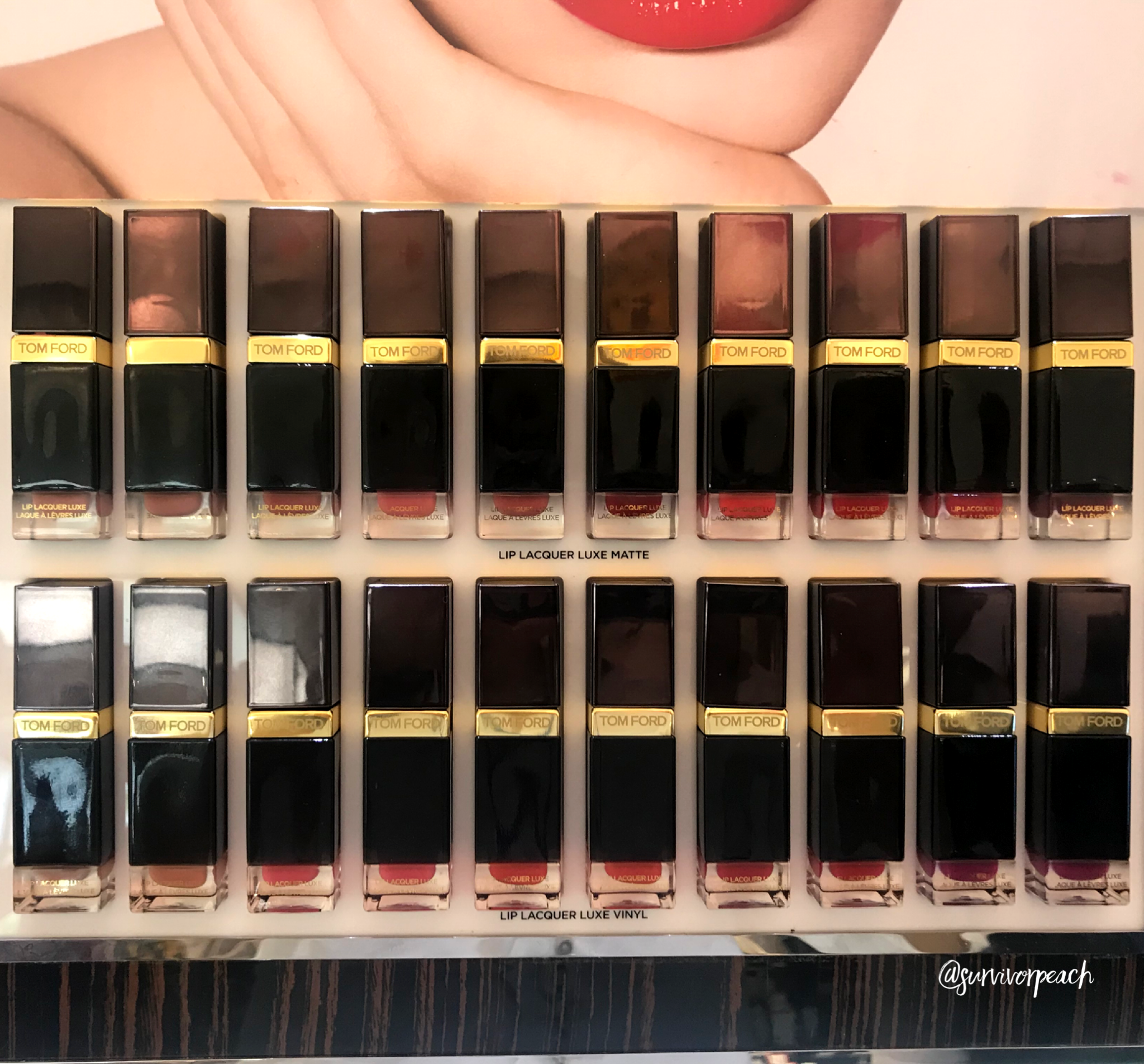Tomford Lip Lacquer Luxe Matte and Lip Luxe Vinyl swatches