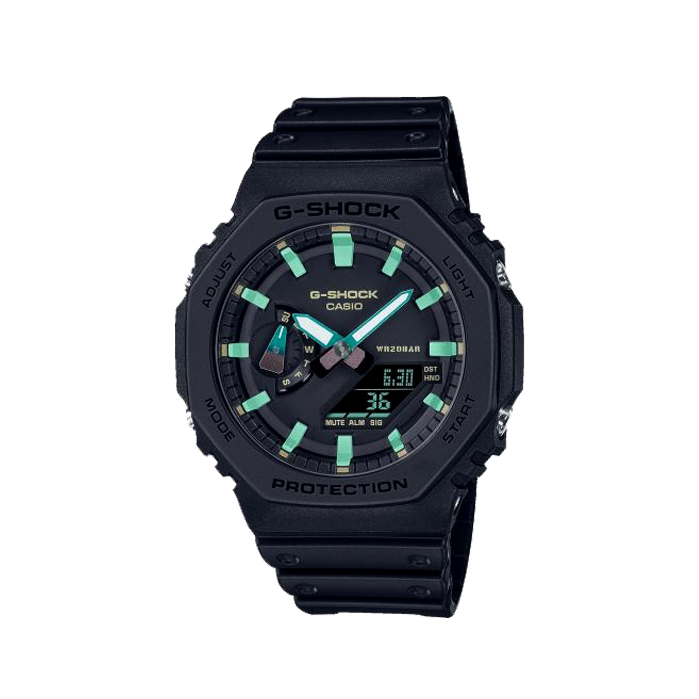CASIO G-SHOCK GA-2100-1A3ER: Bright Green hands with Neo-Display