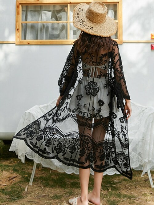 DAY CLOSET カーディガン レディース 花柄刺繍レースロングガウン