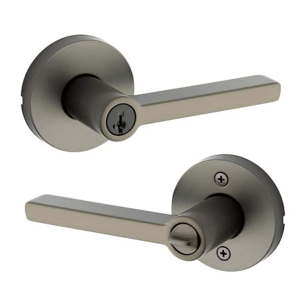 Kwikset Singapore Square Satin Nickel Keyed Entry Door Handle with