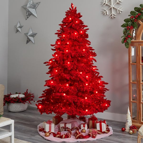 Nearly Natural 8 ft. Red Flocked Fraser Fir Artificial Christmas