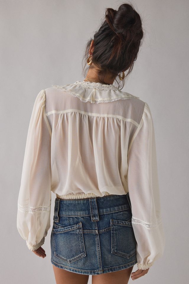 Kimchi Blue Cecelia Sheer Lace Trim Ruffle Long Sleeve Blouse