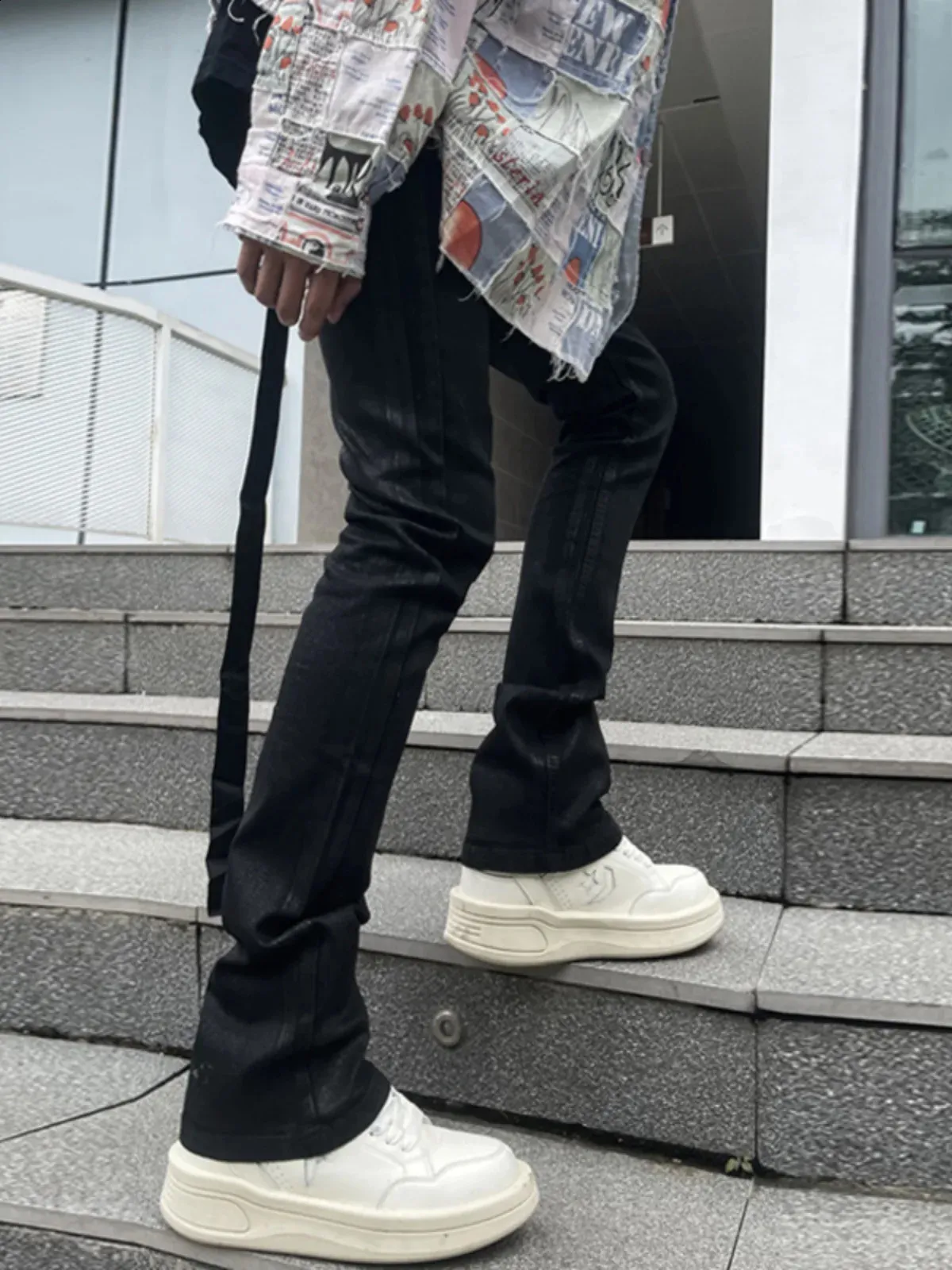 Flared Black Jeans Mens Wax Coated Stretch Bootcut Trousers Retro