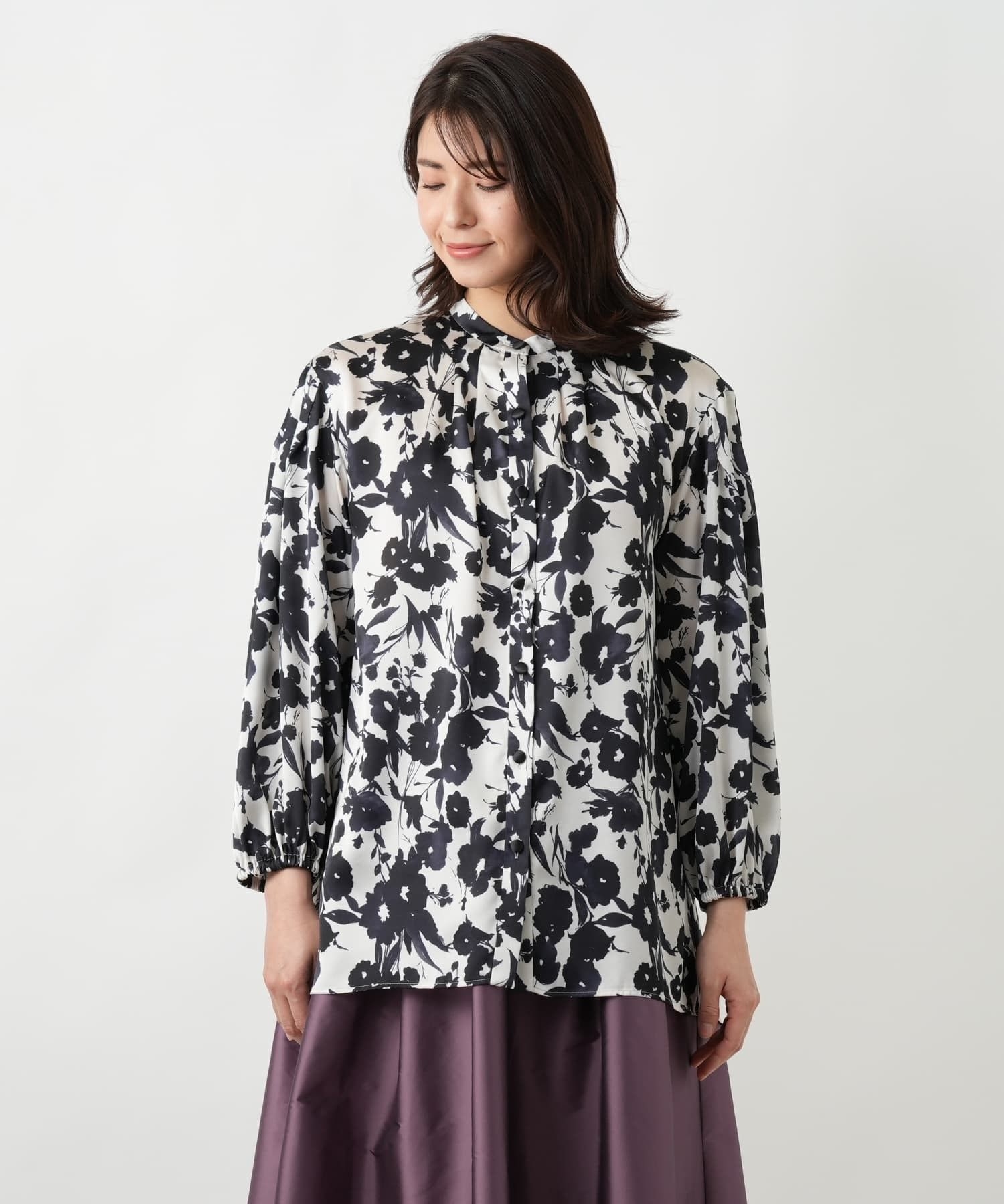 店舗人気】フラワー柄バンドカラーブラウス【BINDA】|ブールジュ