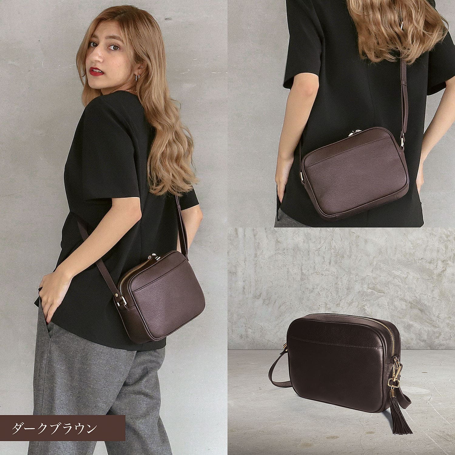 スクエア型】◇タッセル付き◇牛革 ショルダーバッグ レディース 斜