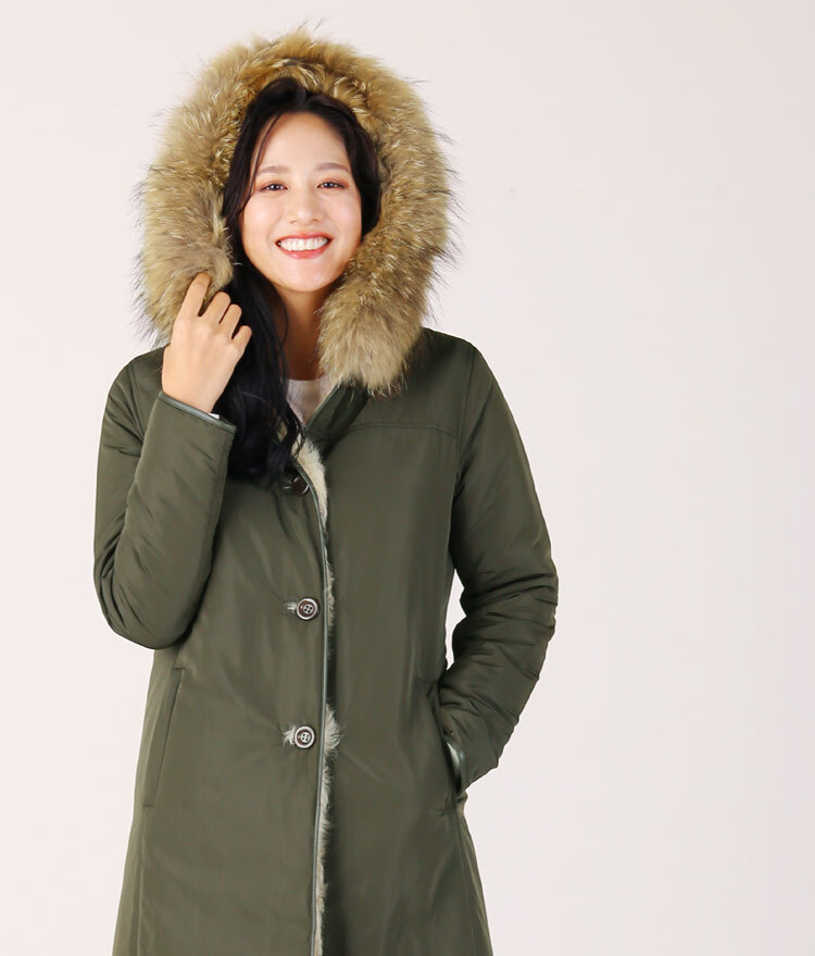 レディース モッズコート ラクーンファー トリミング フード付き