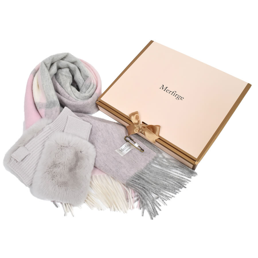 ギフトセット [Merfirge] ウール 100％ チェック柄ストール