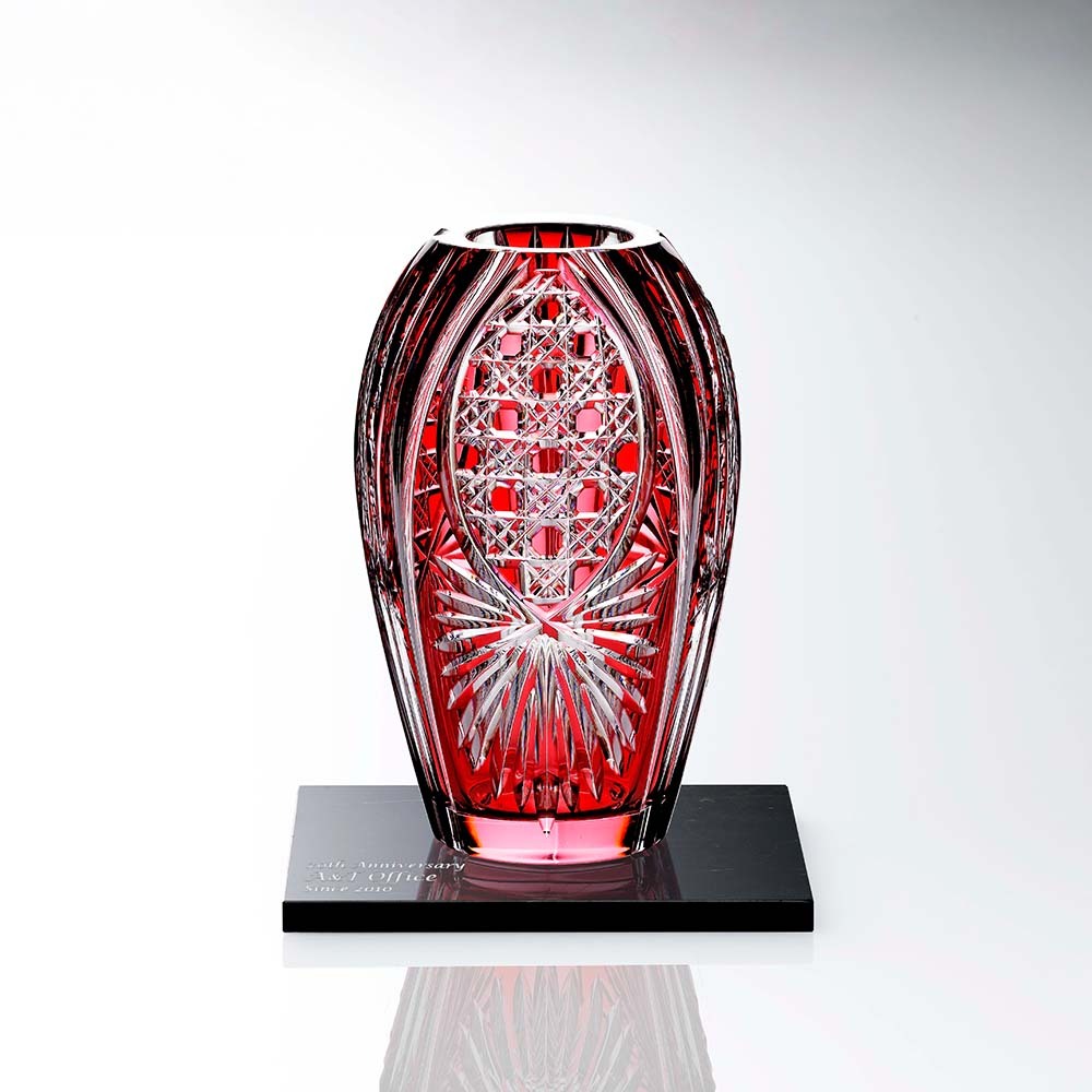 KAGAMI カガミクリスタル 江戸切子 花瓶 笹っ葉に八角籠目紋 20cm