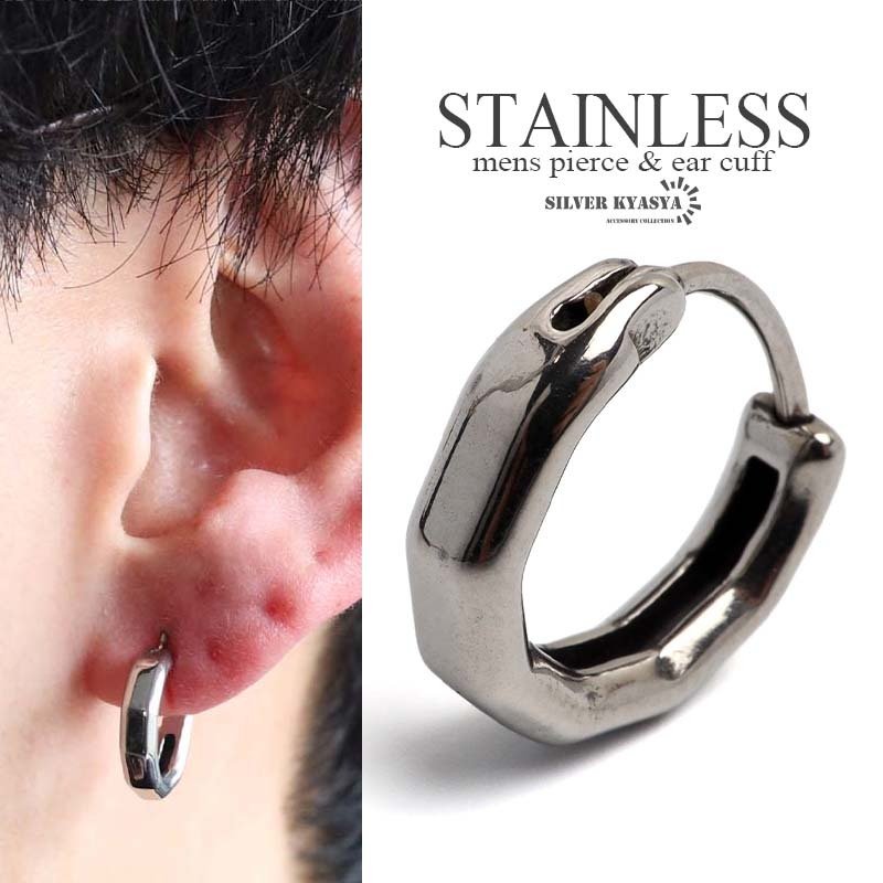 ステンレス製 多角形ピアス フープピアス シルバー シンプルピアス