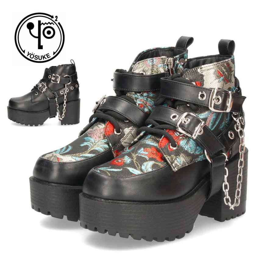 厚底 ショートブーツ レディース ブラック 黒 幅広 3E ヨースケ 靴