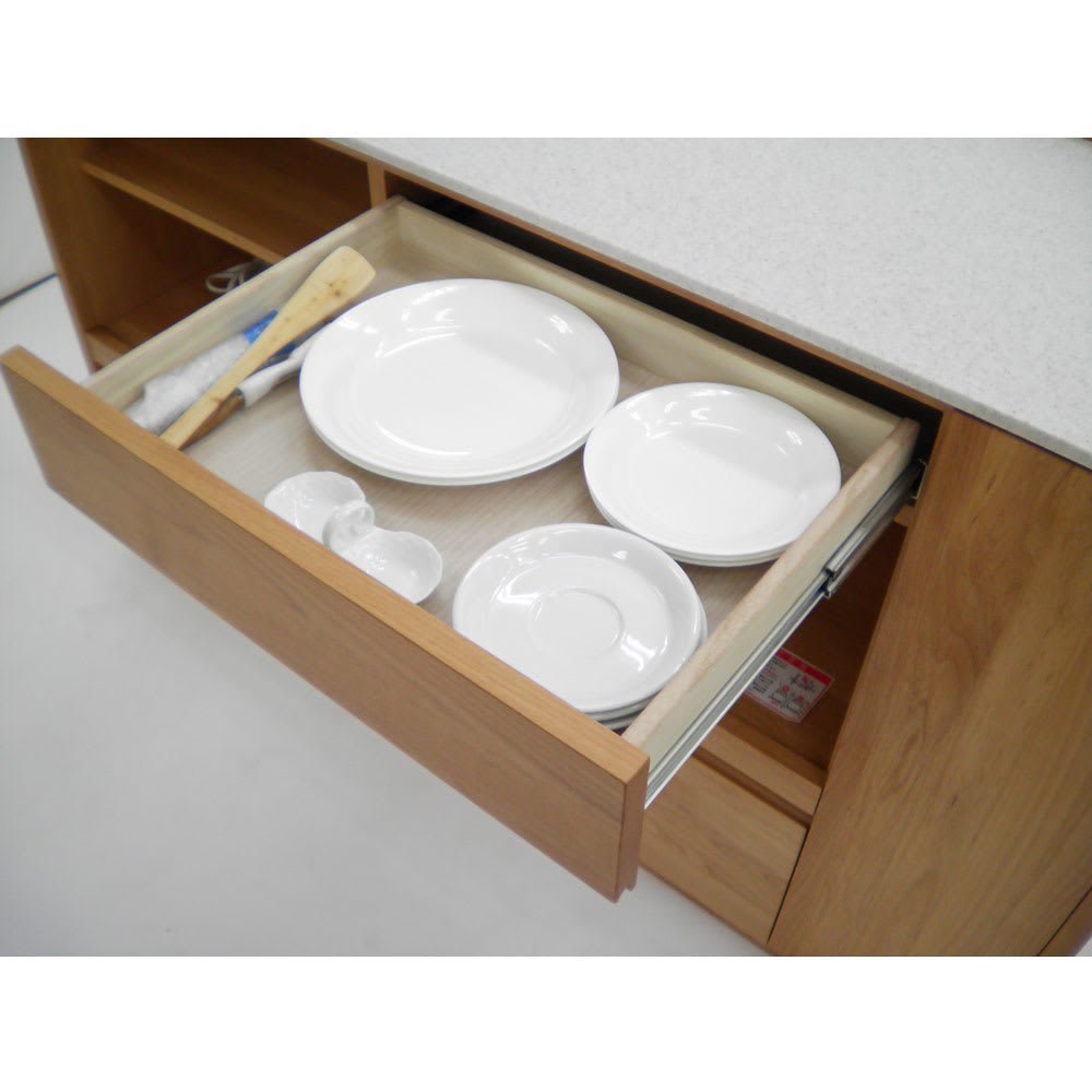 アルダー天然木人工大理石トップ 間仕切り家電収納キッチンカウンター