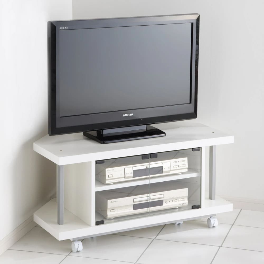 コーナーテレビ台（上棚なし） 幅90cm ガラス扉タイプ キャスター付き