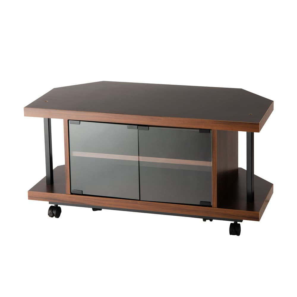 コーナーテレビ台（上棚なし） 幅120cm ガラス扉タイプ キャスター付き