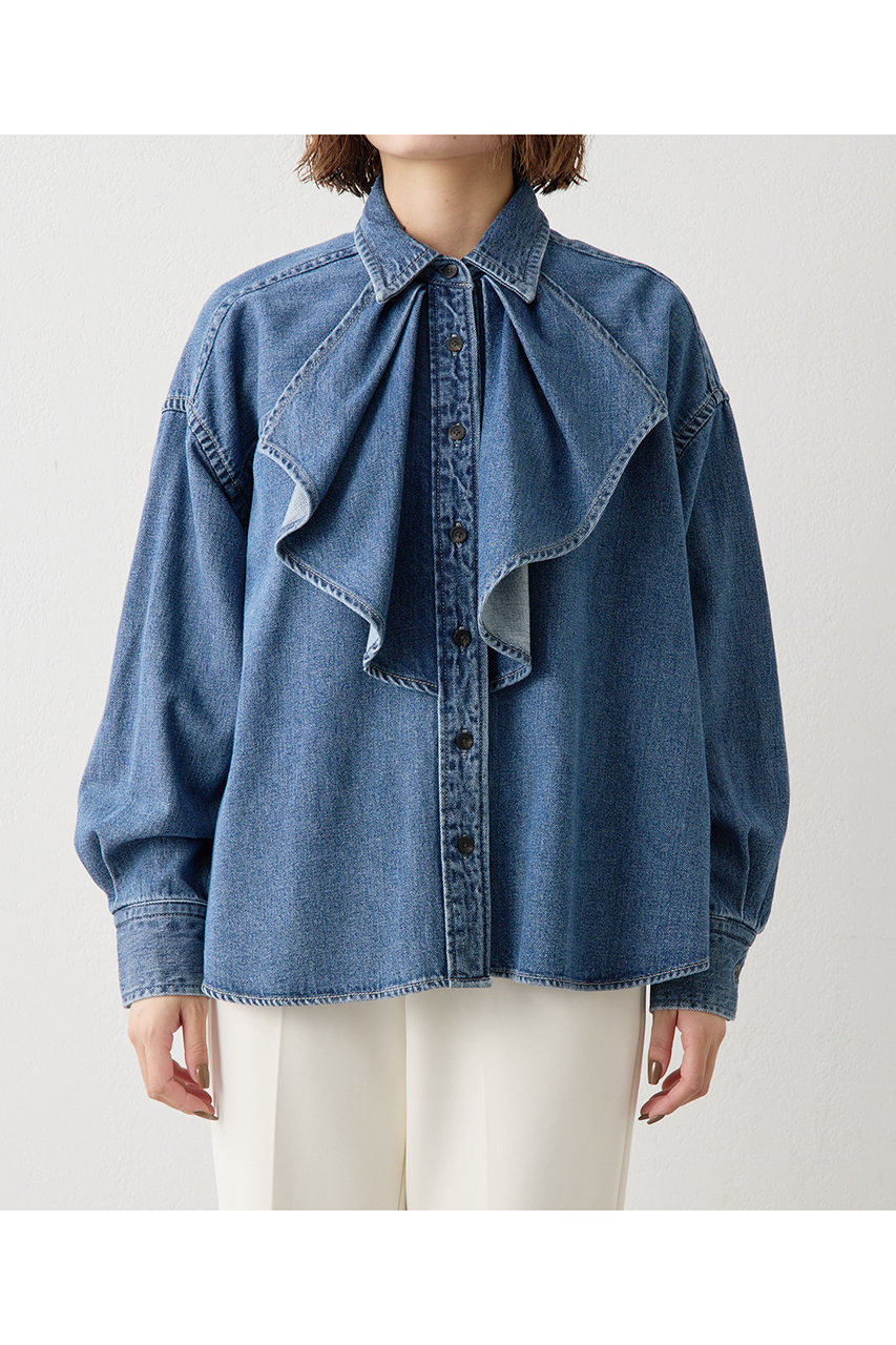 Whim Gazette(ウィム ガゼット)｜フリルデニムブラウス/ブルー の通販