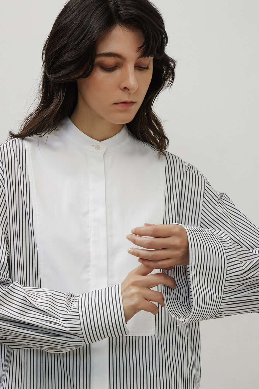 DEPAREILLE(デパリエ)｜コットンノーカラーブザムシャツ/ストライプ の