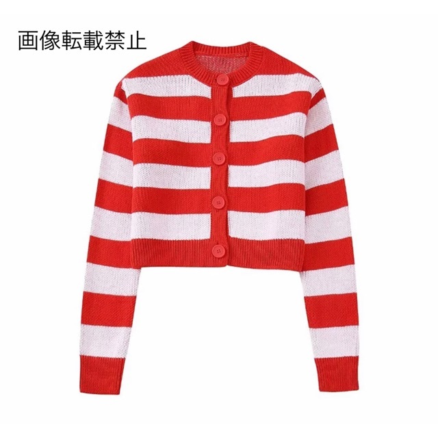🌕9月新作🎑9105◇赤 白 ボーダー 柄 ニット カーディガンの通販 by