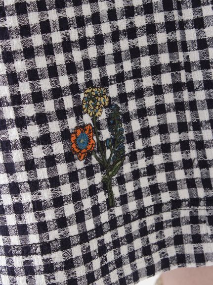 フラワーワンポイント刺繍 コットンブロークンドビーチェックガウチョ