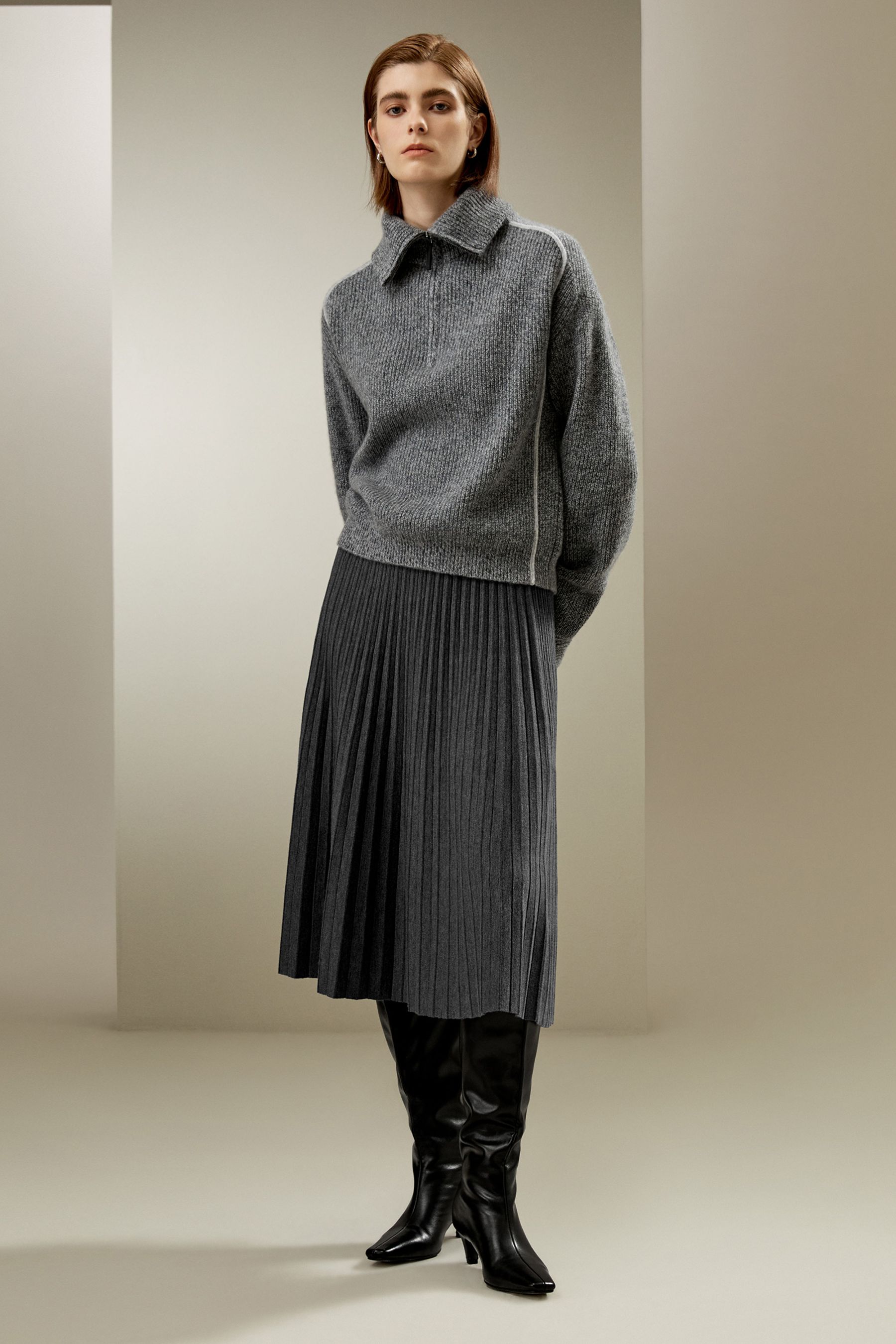 カシミア ハーフジップアップ リブ編み セーター