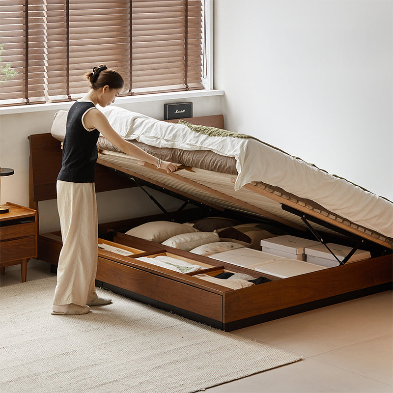 Woody Prime Walnut サイドオープン収納ダブルベッド | 大容量の収納を