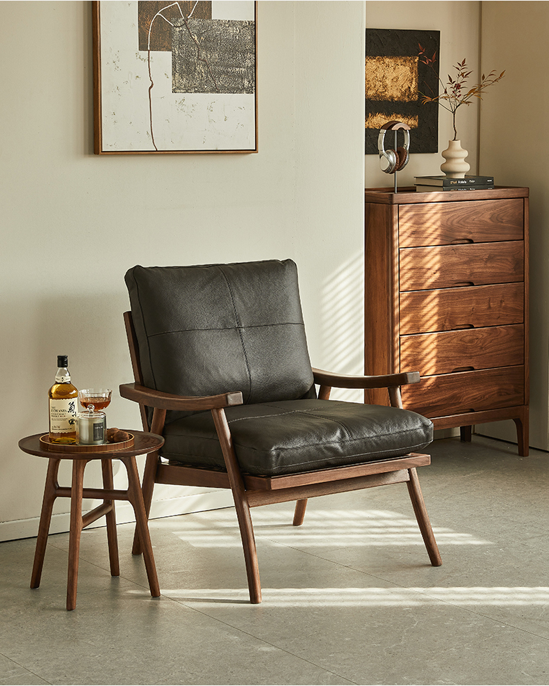 ブラックウォールナット材 ブラックレザーソファチェア | 本革の質感が